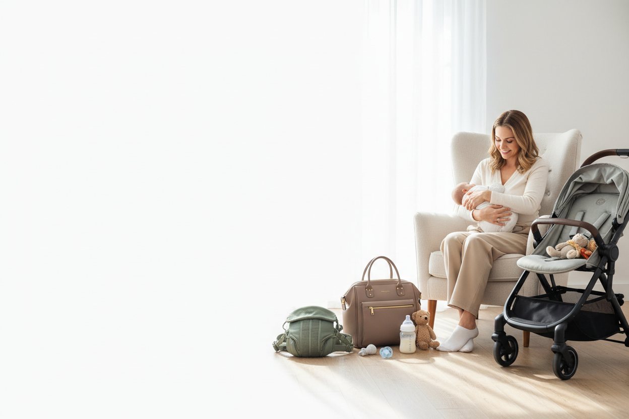 accessoires de sorties, porte bébé, sac à langer, transport, poussettes, maman avec bébé assis, biberon le tout aà droit dans une chambre, fond blanc à gauche