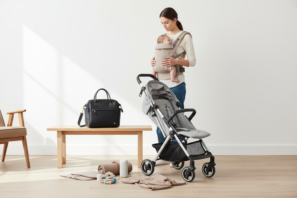 accessoires de sorties, portes bébé et transport bébé dans une maison mais fond blanc