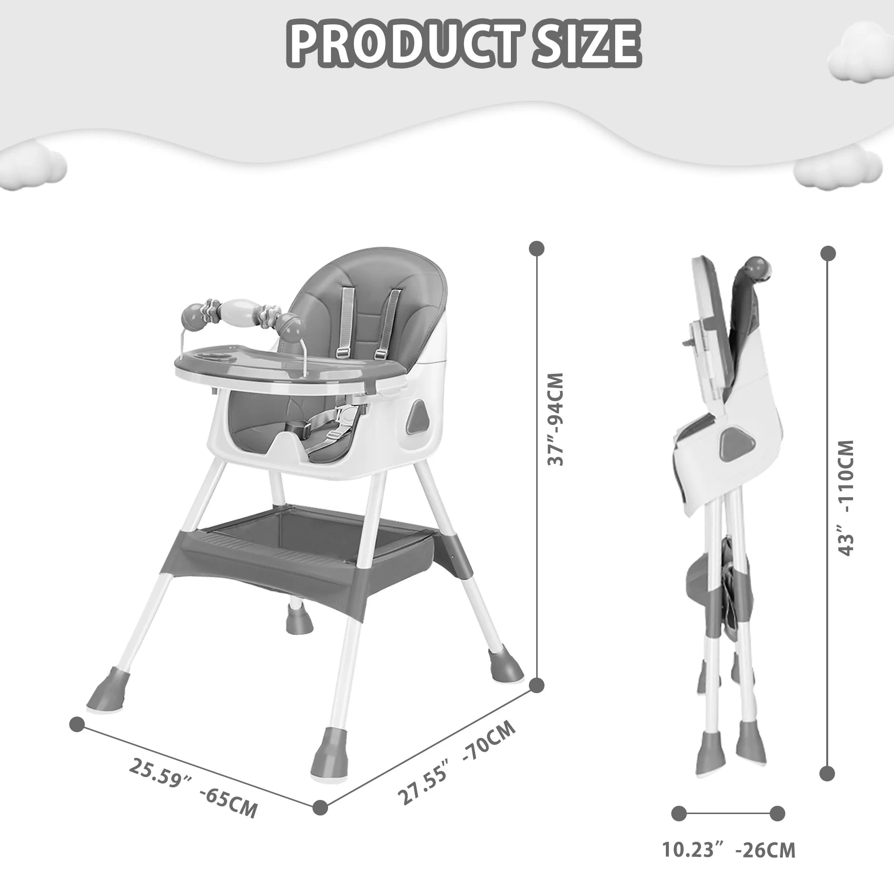 Foldable Baby High Chair 6 Months Plus, with Large Antislip Pad & ToyRack, Easy to Clean Feeding , E500 - Accessoires de sorties pour bébés